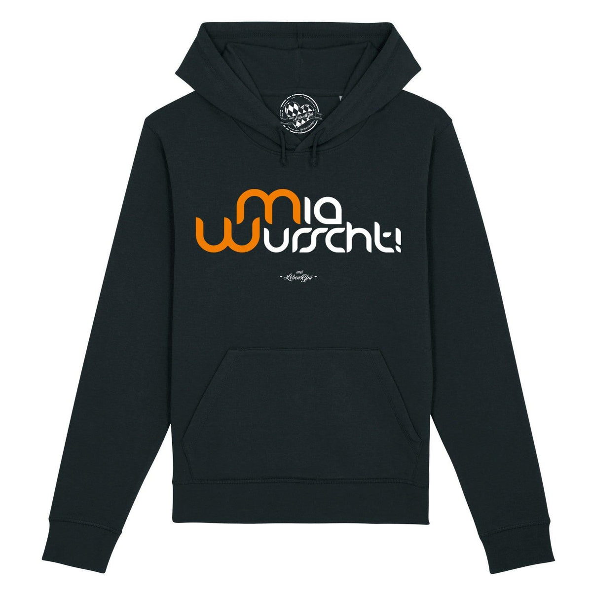 Schwarzer Herren Hoodie Mia Wurscht mit weißem und orangem MIA WURSCHT! Schriftzug, Kapuze und Bauchtasche.