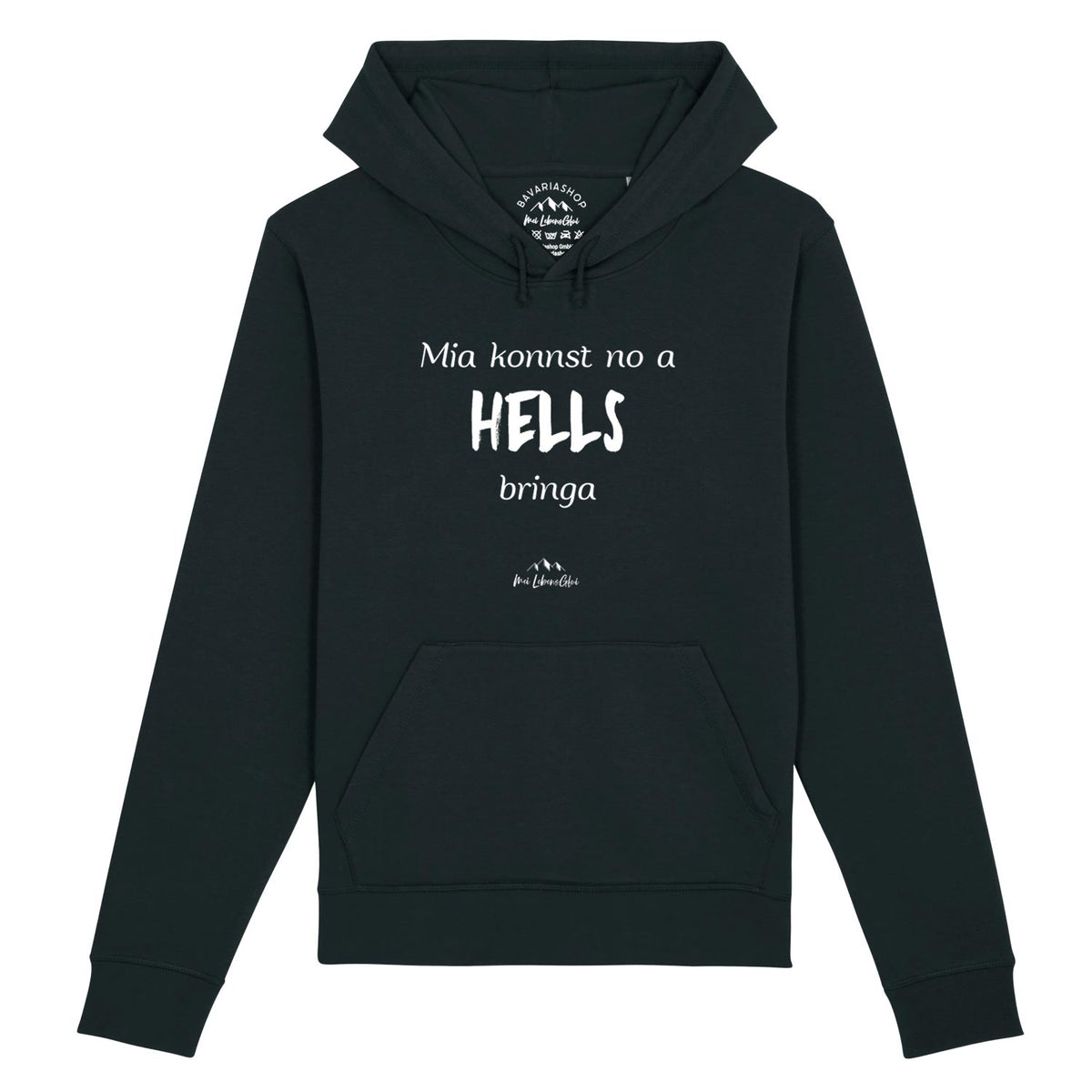Dunkelblauer Herren Hoodie "Mia konnst no a Hells bringa" mit weißem Schriftzug und Kapuze.