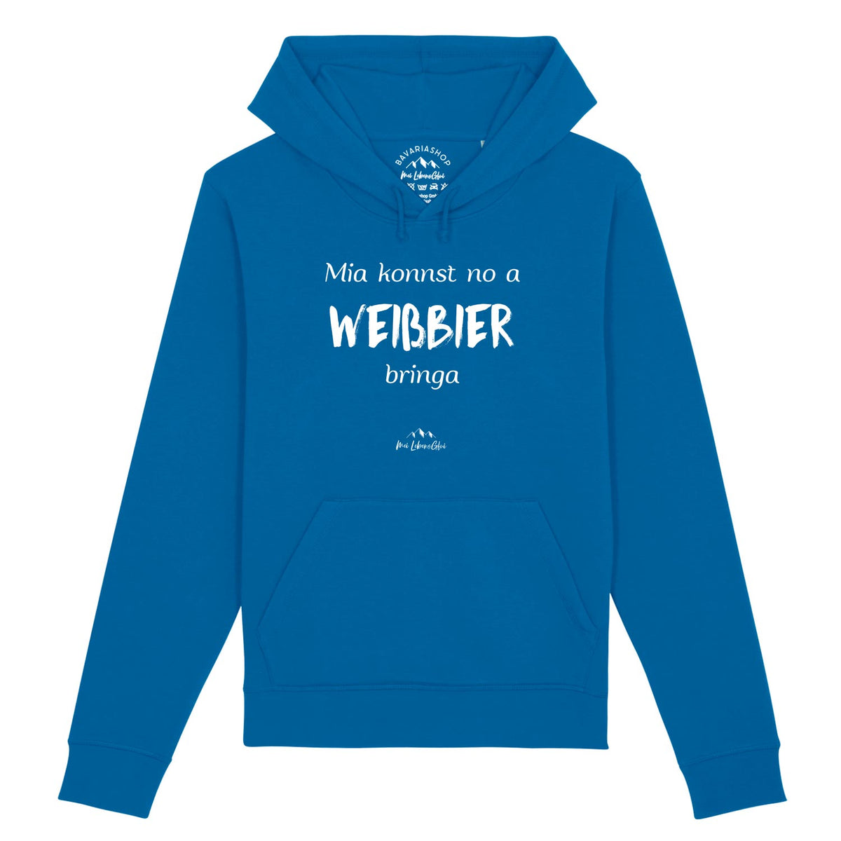 Blauer Herren Hoodie Mia konnst no a Weißbier bringa mit bayerischem Spruch, Kapuze und Bauchtasche.