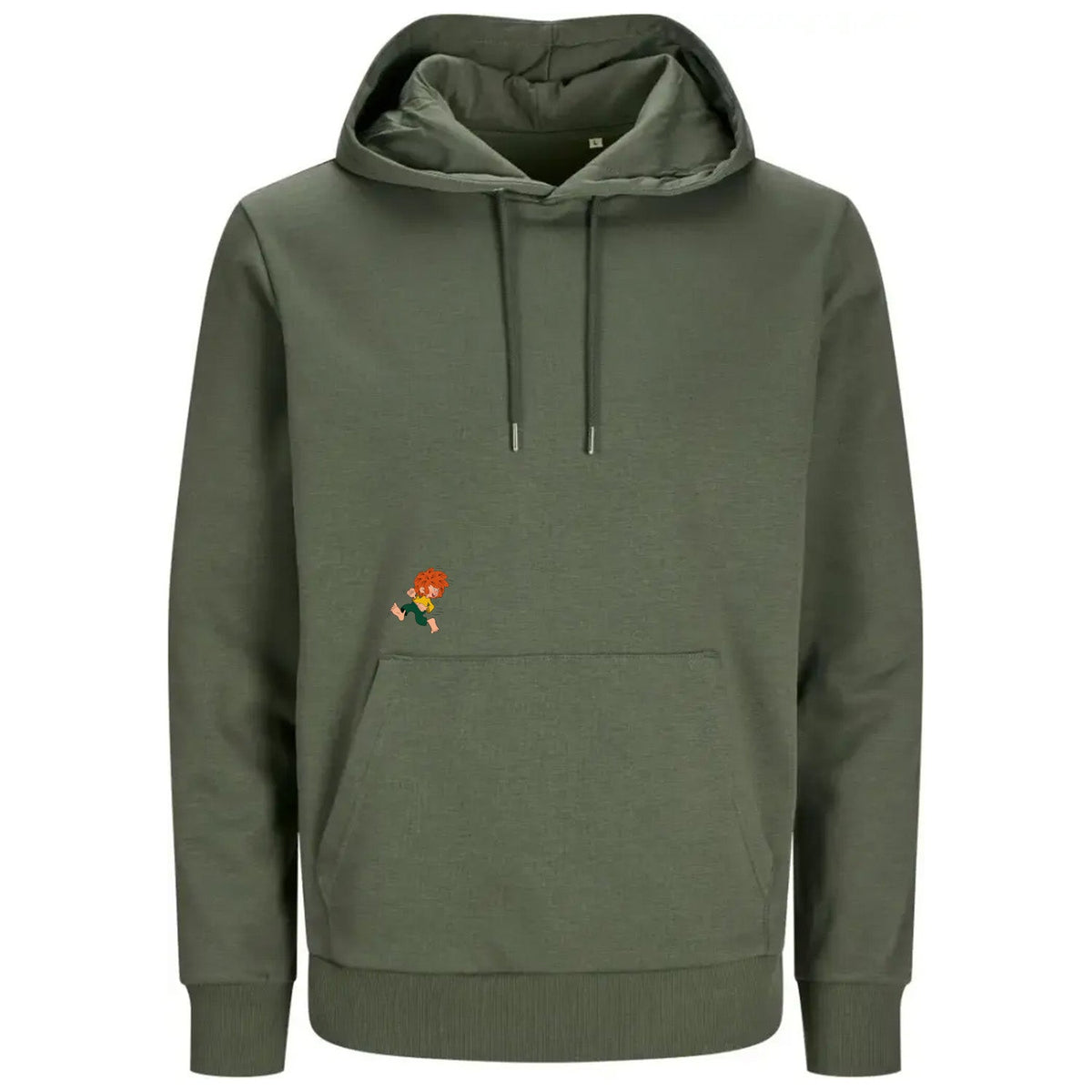 Rückseite des olivgrünen Pumuckl Hoodies „Lausbua“ mit Kapuze und Pumuckl-Motiv