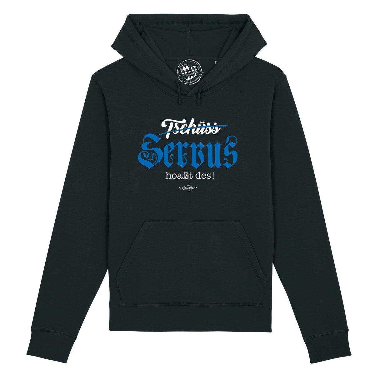 Dunkelblauer Herren Hoodie "Servus hoaßt des!" mit blau-weißem Schriftzug und Kapuze mit Kordelzug.