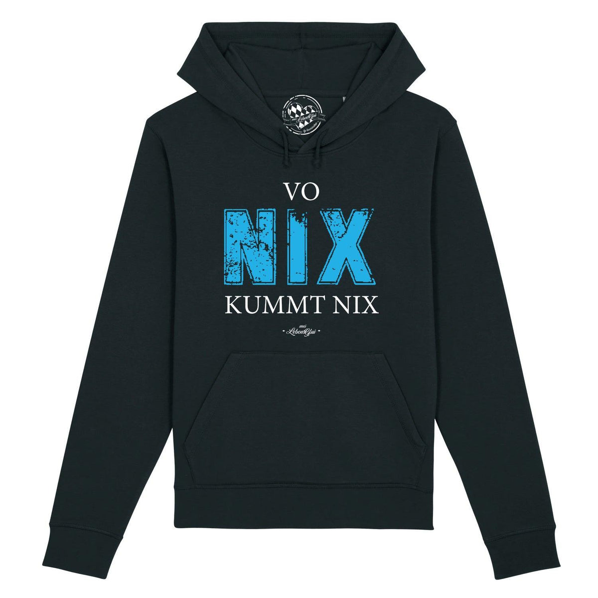 Herren Hoodie Vo nix kummt nix in Schwarz mit blauem Spruch und Kängurutasche. Bequemer Kapuzenpullover.