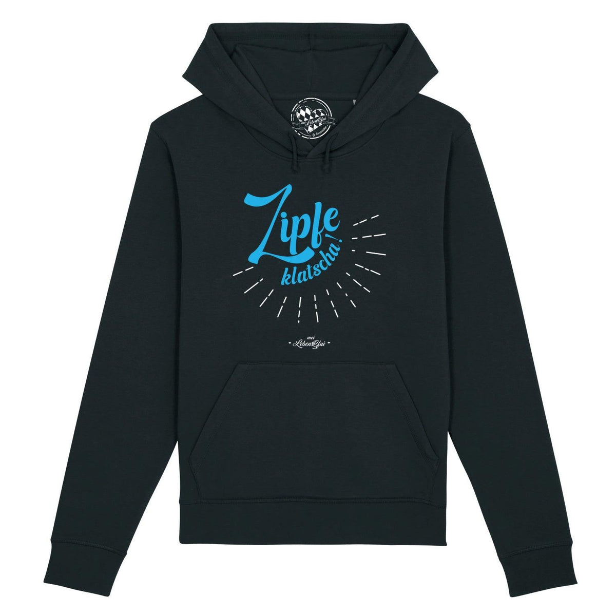 Schwarzer Herren Hoodie "Zipfeklatscha!" mit blauem Aufdruck und Kängurutasche.