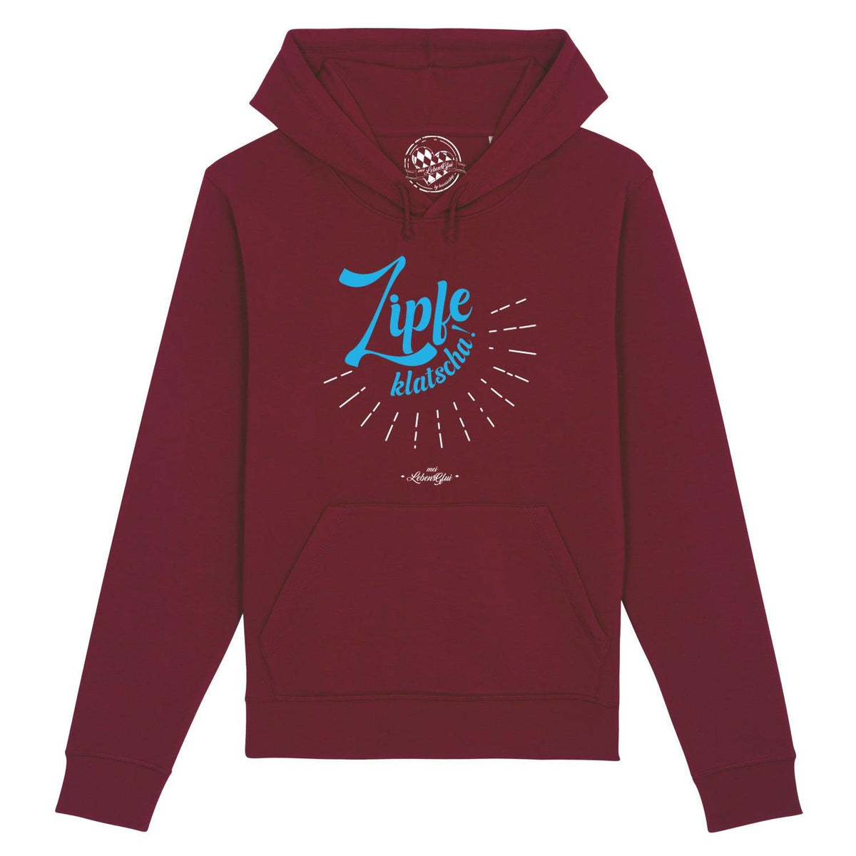 Herren Hoodie "Zipfeklatscha!" in dunklem Bordeauxrot mit hellblauem Schriftzug, Kapuze und Bauchtasche.