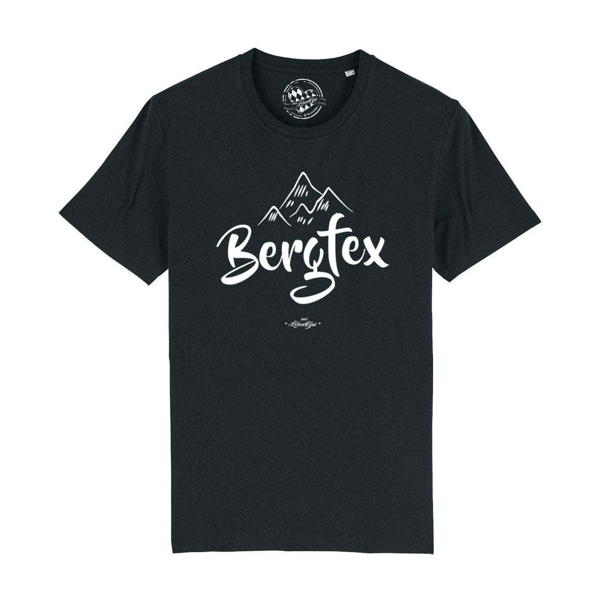 Schwarzes Herren T-Shirt "Bergfex" aus Bio-Baumwolle mit weißem Berg- und Schriftzug-Aufdruck auf der Brust.