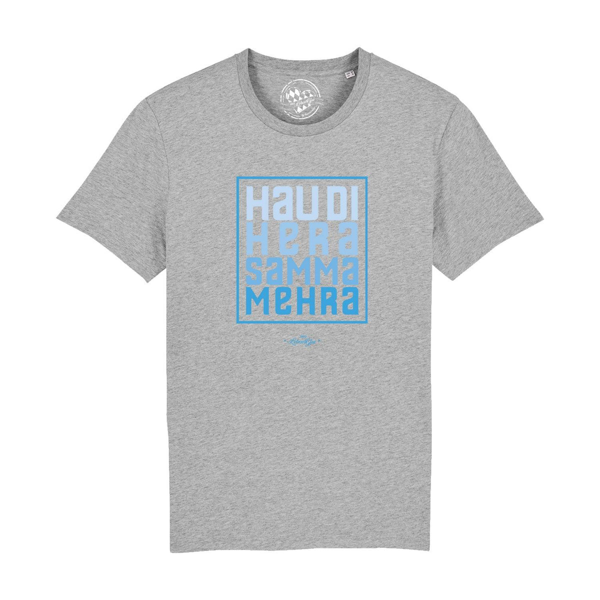 Graues Herren T-Shirt "Hau di hera" mit blauem Schriftzug und bayerischem Spruch, bequemer Passform.