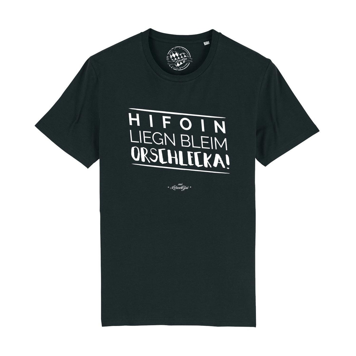Dunkelgraues Herren T-Shirt Hifoin liegn bleim mit weißem Textaufdruck und kleinem Schriftzug unter dem Spruch.