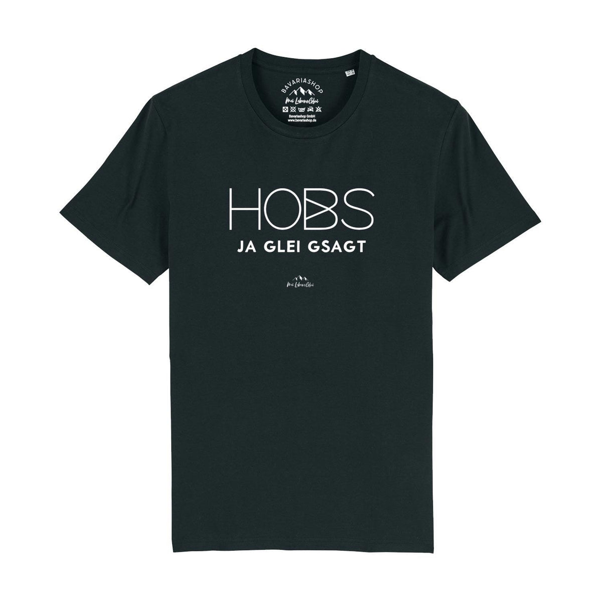 Dunkelgraues Herren T-Shirt Hobs ja glei gsagt mit weißem Schriftzug und kleinem Logo.