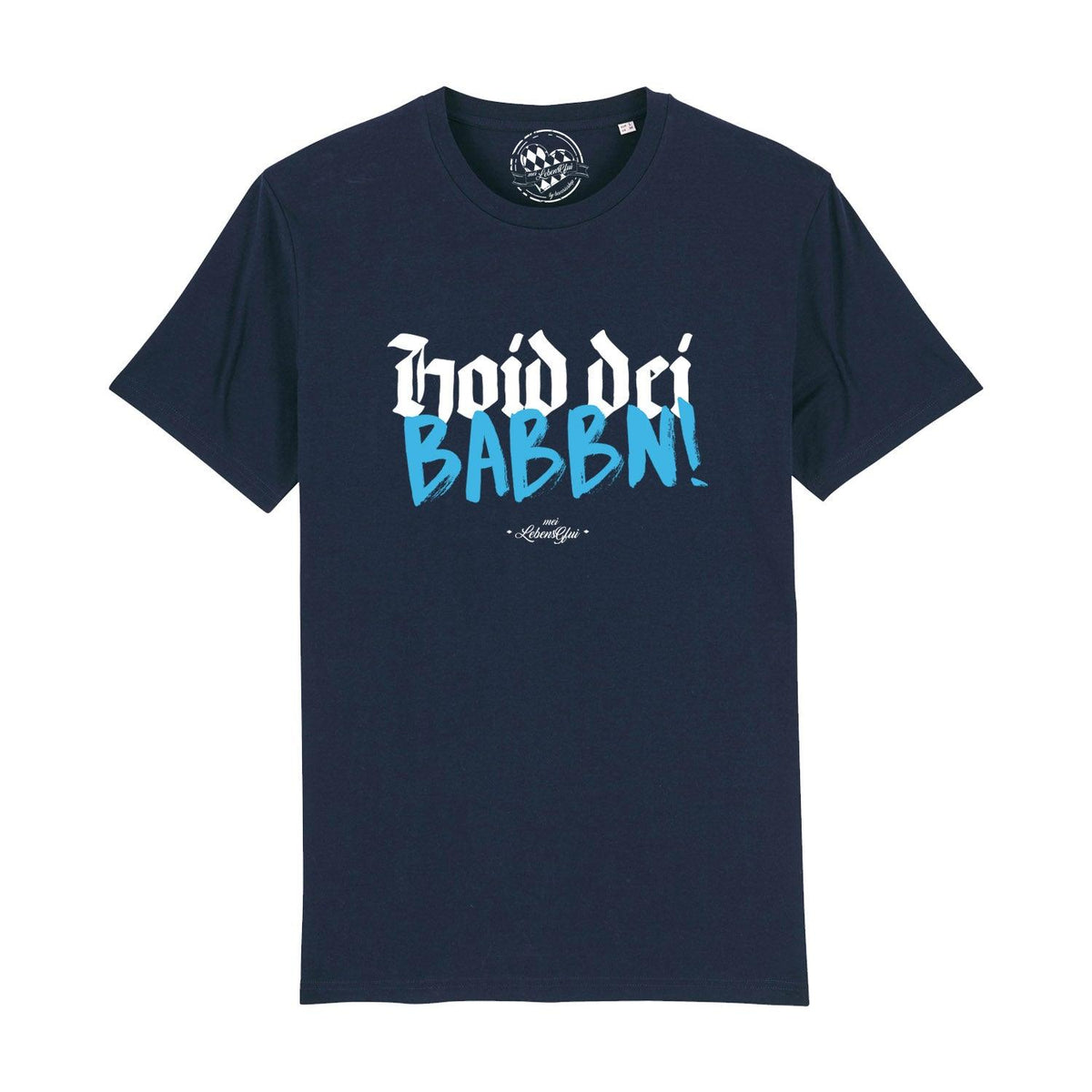 Dunkelblaues Herren T-Shirt Hoid dei Babbn mit weiß-blauem Schriftzug, modischer Passform und Rundhalsausschnitt.