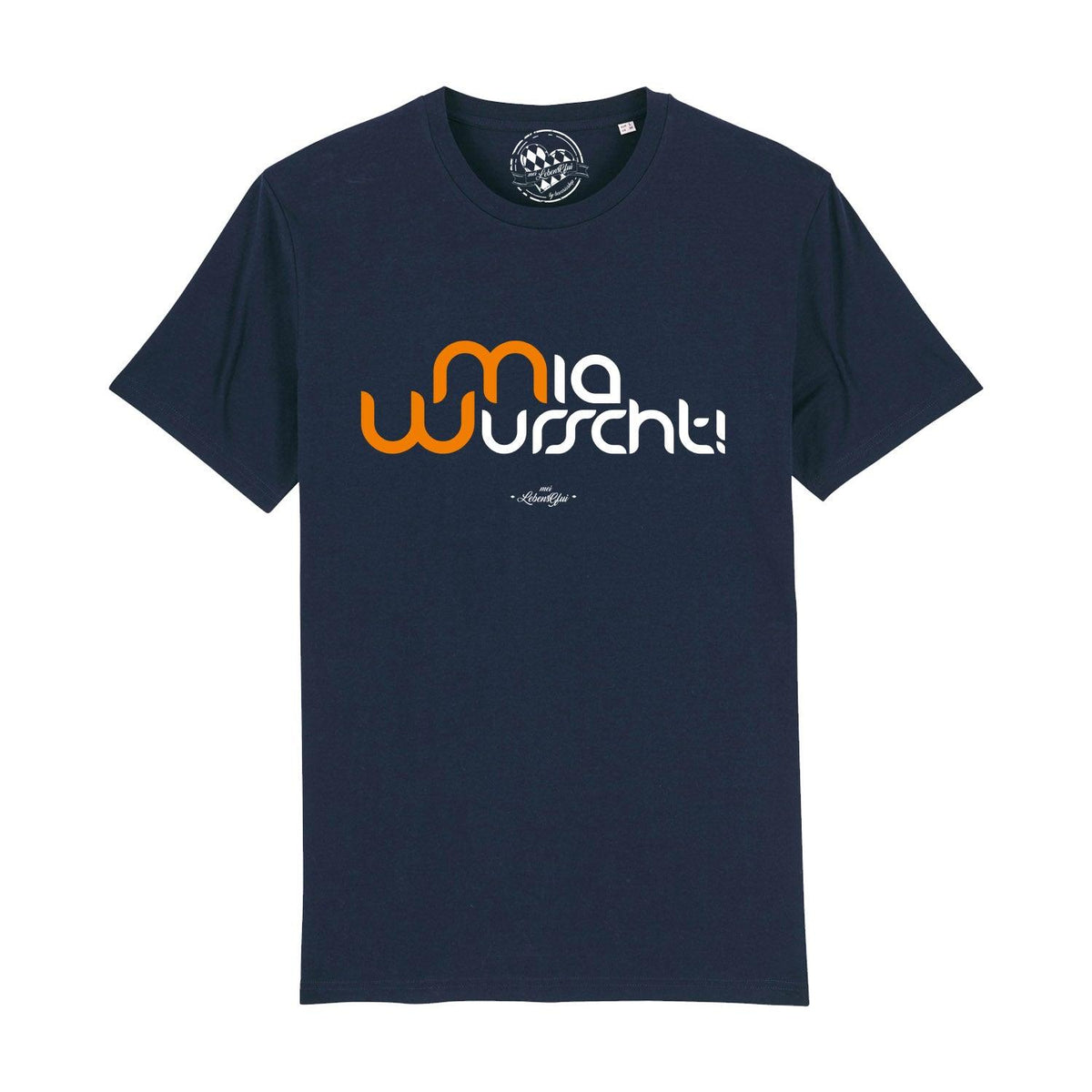 Dunkelblaues Herren T-Shirt "Mia Wurscht!" mit orange-weißem Schriftzug und kurzem Ärmel, Baumwolle.