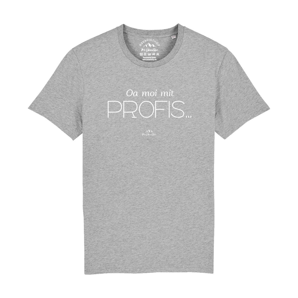 Graues Herren T-Shirt "Oa moi mit Profis!" mit weißem Print und Rundhalskragen aus Baumwolle.