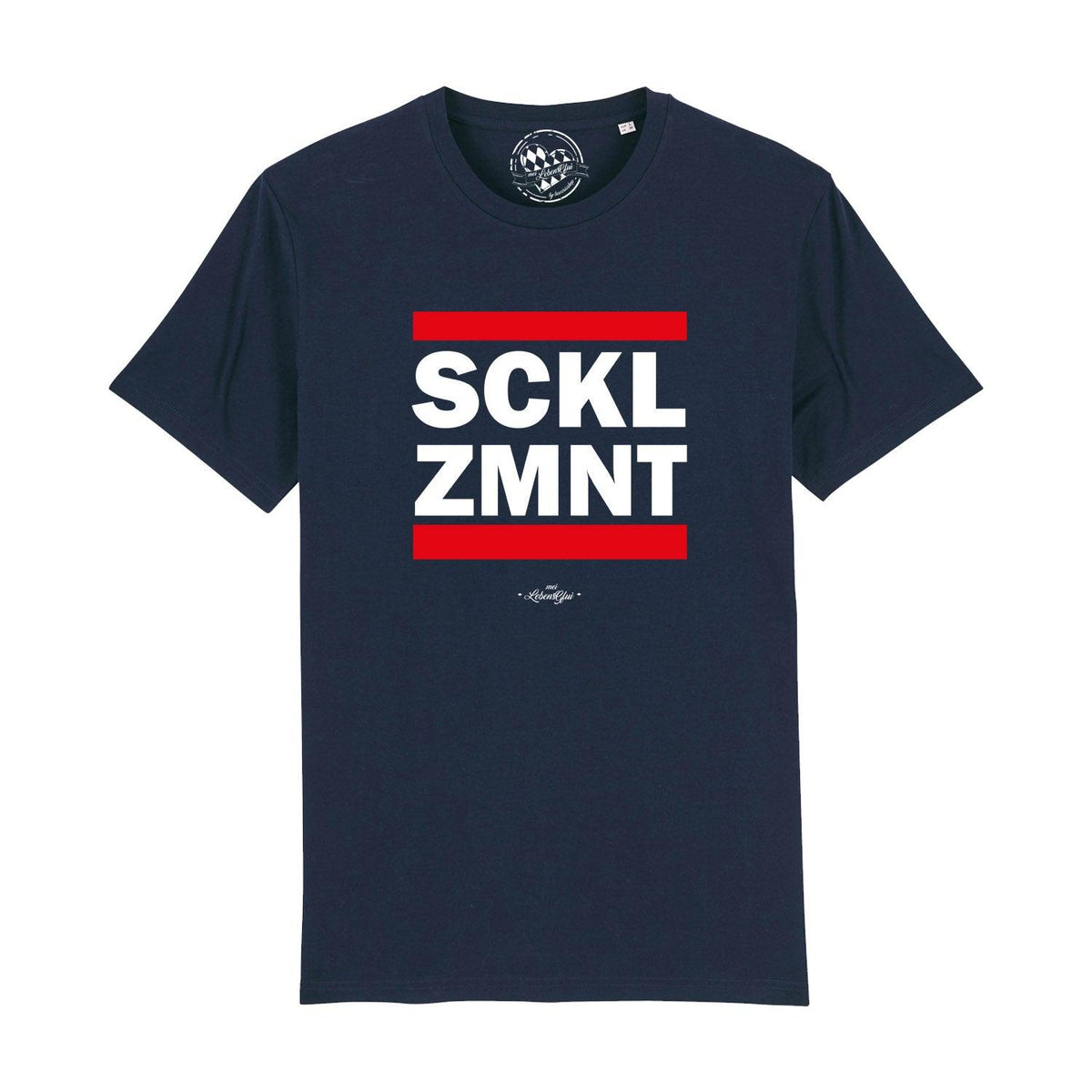 Dunkelblaues Herren T-Shirt Sacklzement mit weißem SCKL ZMNT Schriftzug und roten Streifen, lässiger Rundhalsausschnitt.