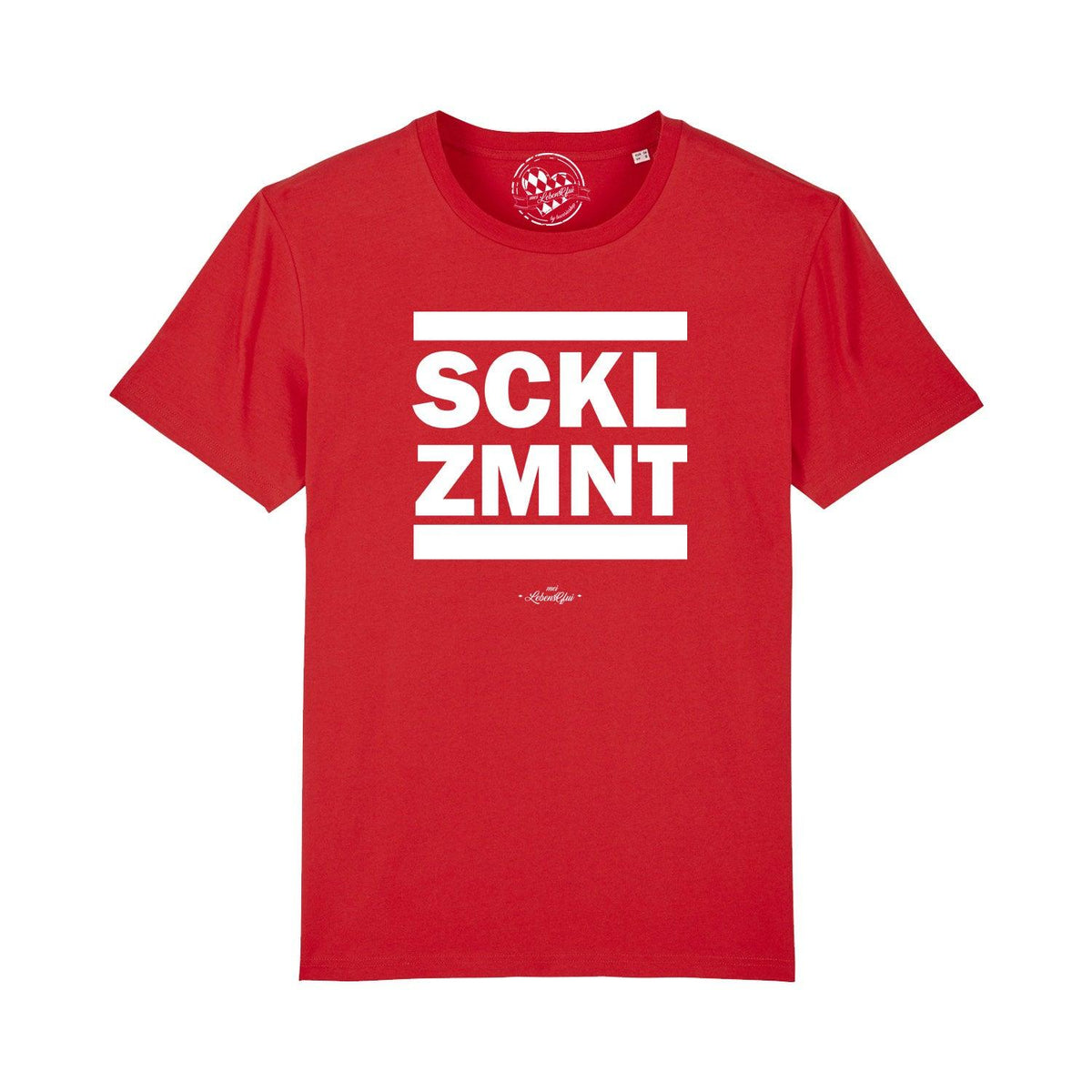 Schwarzes Herren-T-Shirt mit weißem Schriftzug „Sacklzement“, Rundhalsausschnitt, aus 100 % Bio-Baumwolle.