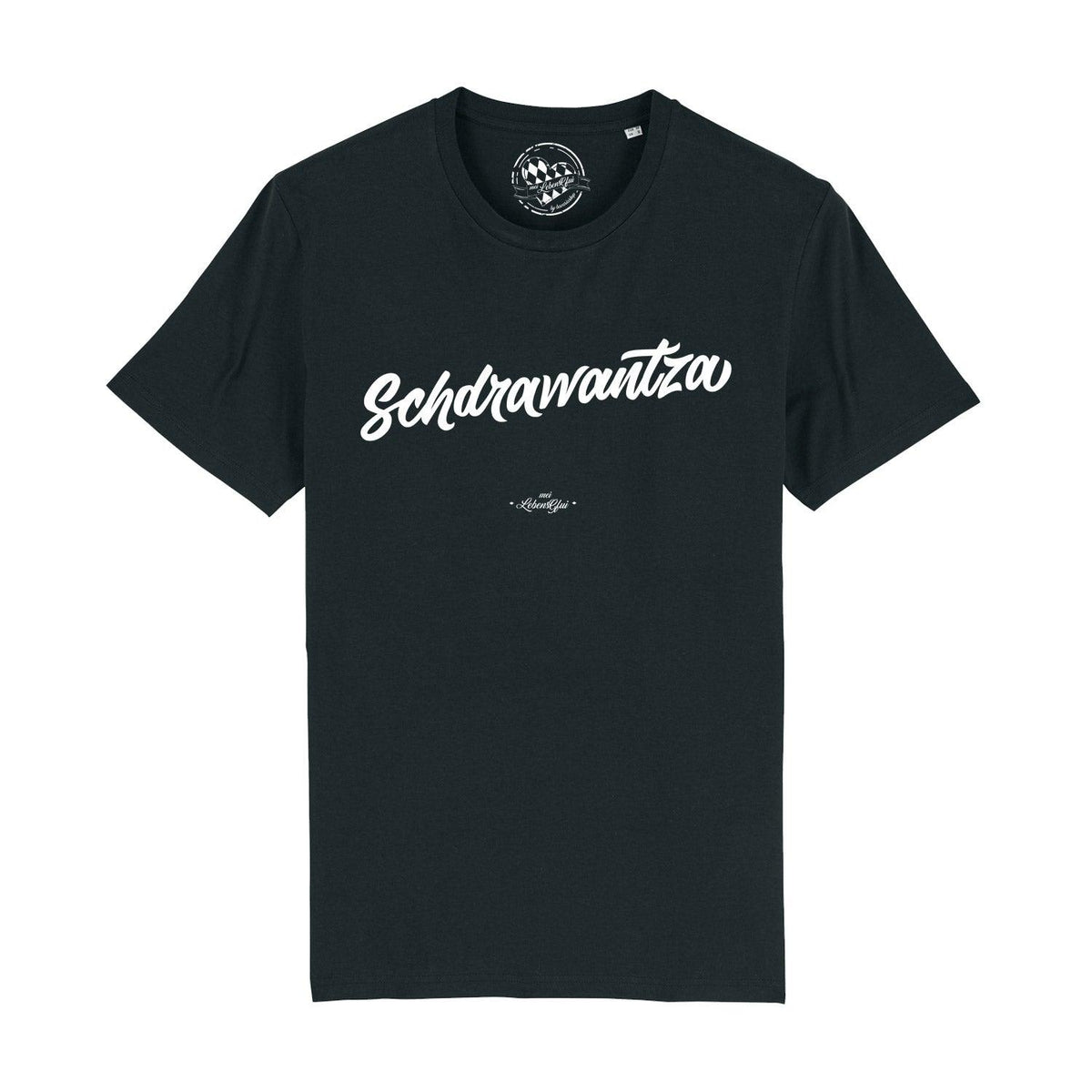 Schwarzes Herren T-Shirt Schdrawantza mit weißem Schriftzug und kleinem Logo auf der Brust, Frontansicht.