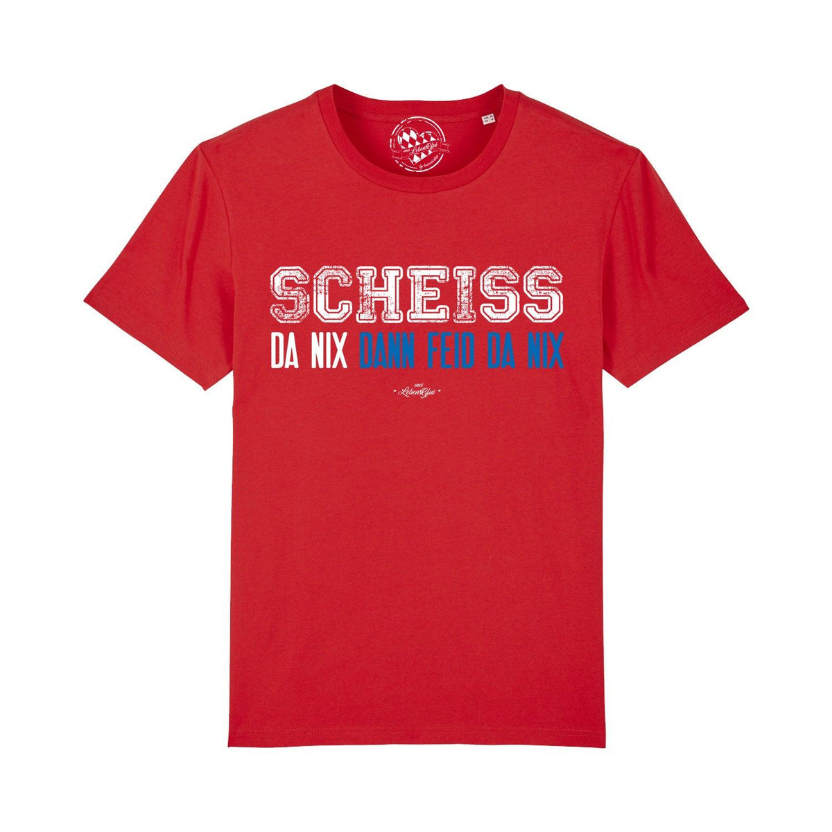 Rotes Herren T-Shirt "Scheiß da nix" mit weißem und blauem Aufdruck in Used-Optik.