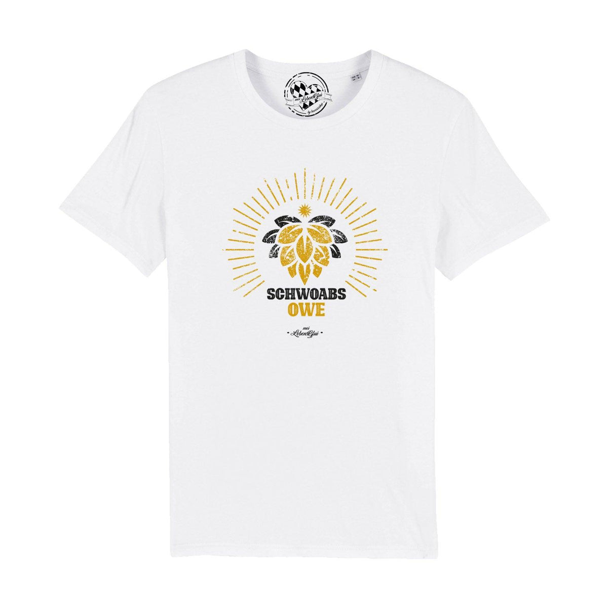 Weißes Herren T-Shirt "Schwoabs owe" mit gold-schwarzem Hopfen-Motiv und Schriftzug auf der Brust.