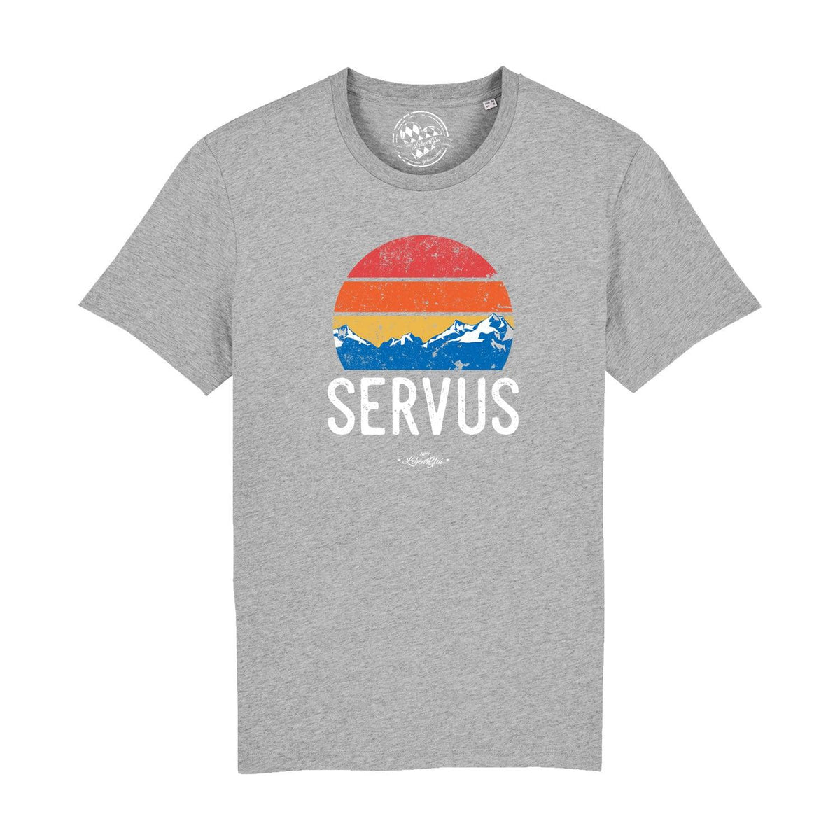 Herren T-Shirt Servus Berge in Grau mit Retro-Sonnenuntergangs-Design und Bergpanorama-Print