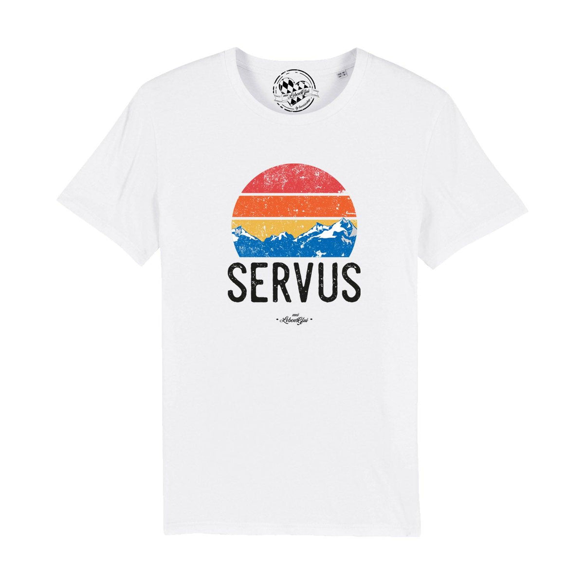 Weißes Herren T-Shirt "Servus Berge" mit Retro-Sonnenuntergang und Berg-Motiv, Frontansicht