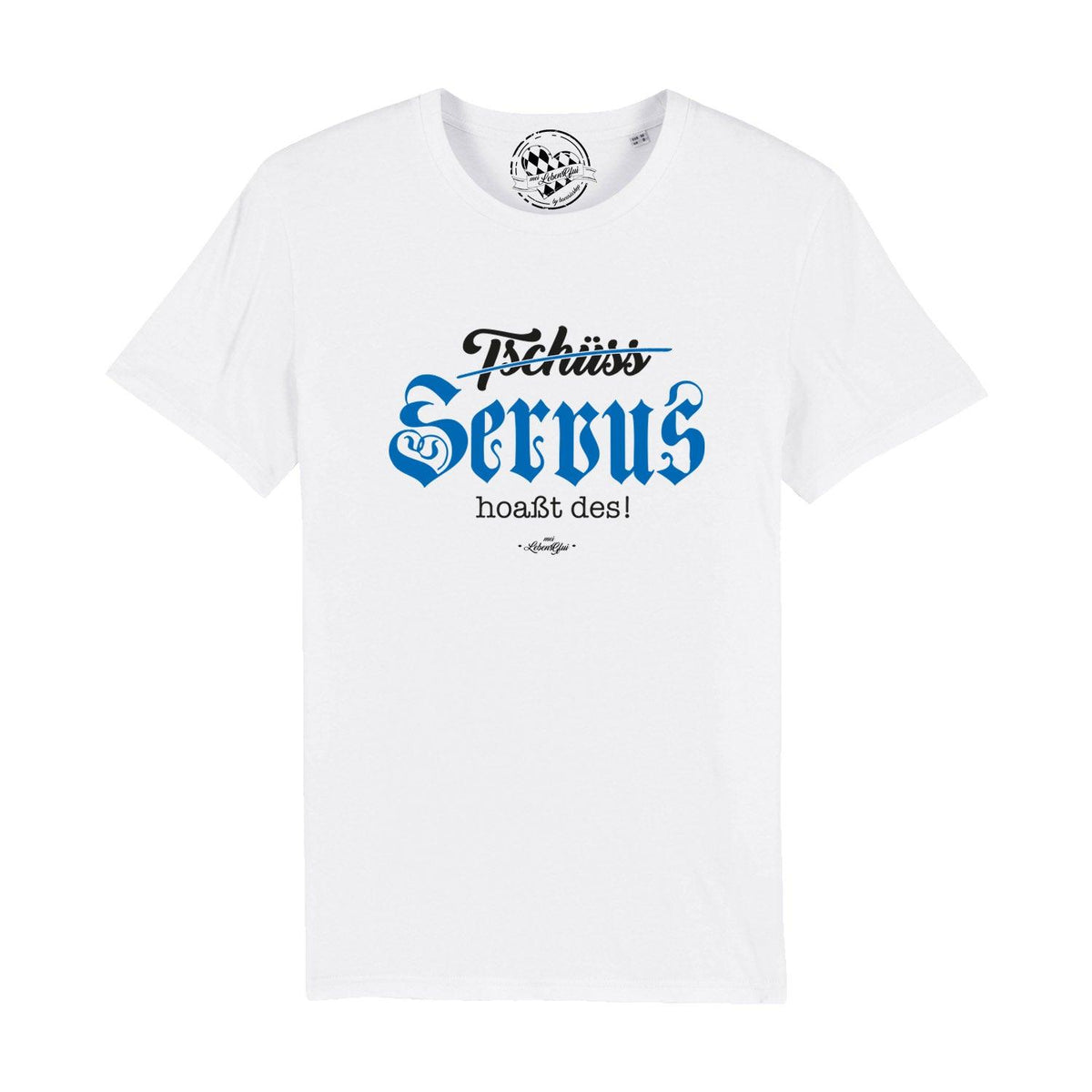 Weißes Herren T-Shirt "Servus hoaßt des!" mit schwarzem und blauem Schriftzug, Kurzarm, Rundhals.
