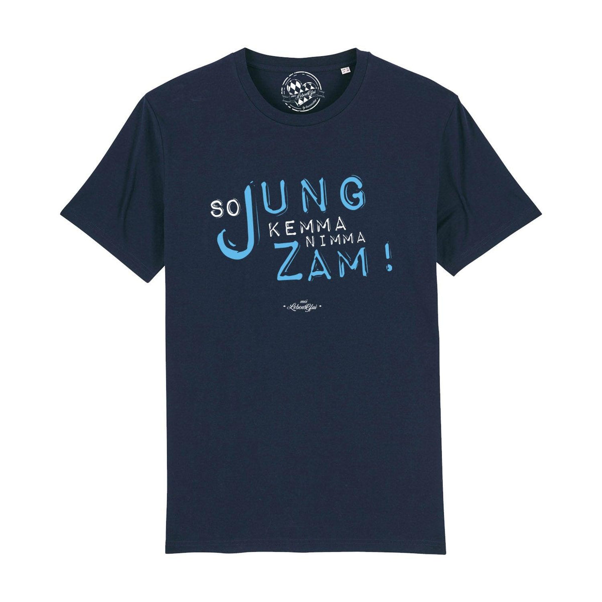 Dunkelblaues Herren T-Shirt So jung mit hellem Druck. Modernes Kurzarmshirt für Männer mit Witz.