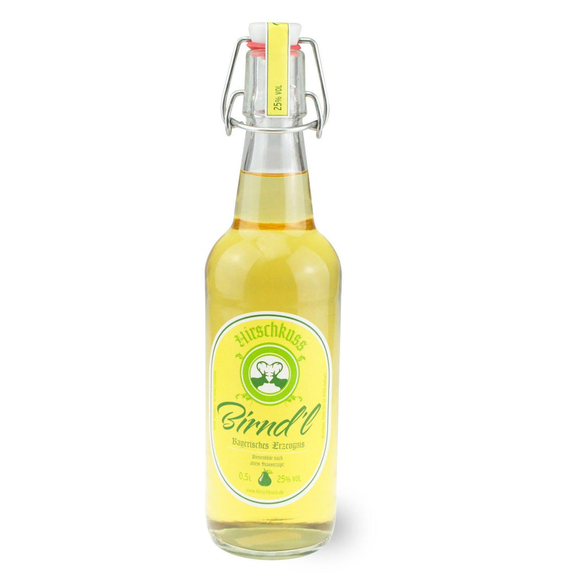 Fruchtiger Birnenlikör in klarer Glasflasche mit Bügelverschluss, goldgelber Farbe und geprägtem Hirschmotiv, 0,5 l.