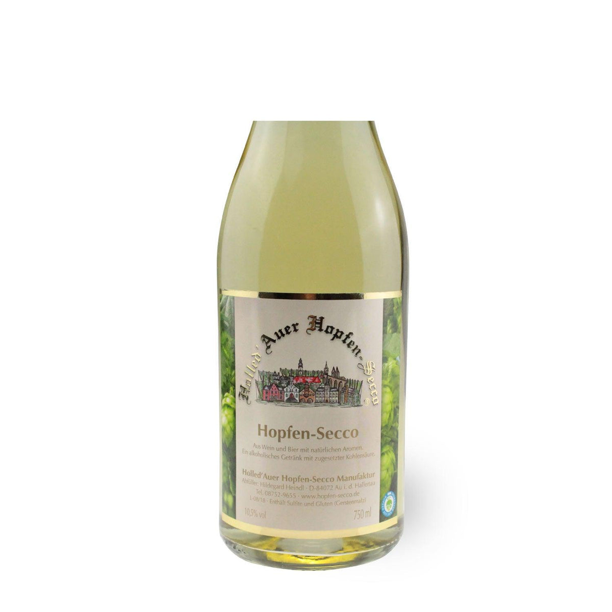 Spritziger Hopfen-Secco mit feiner Perlage, goldgelber Farbe, hergestellt aus Wein und Bier, 0,75 Liter Flasche.