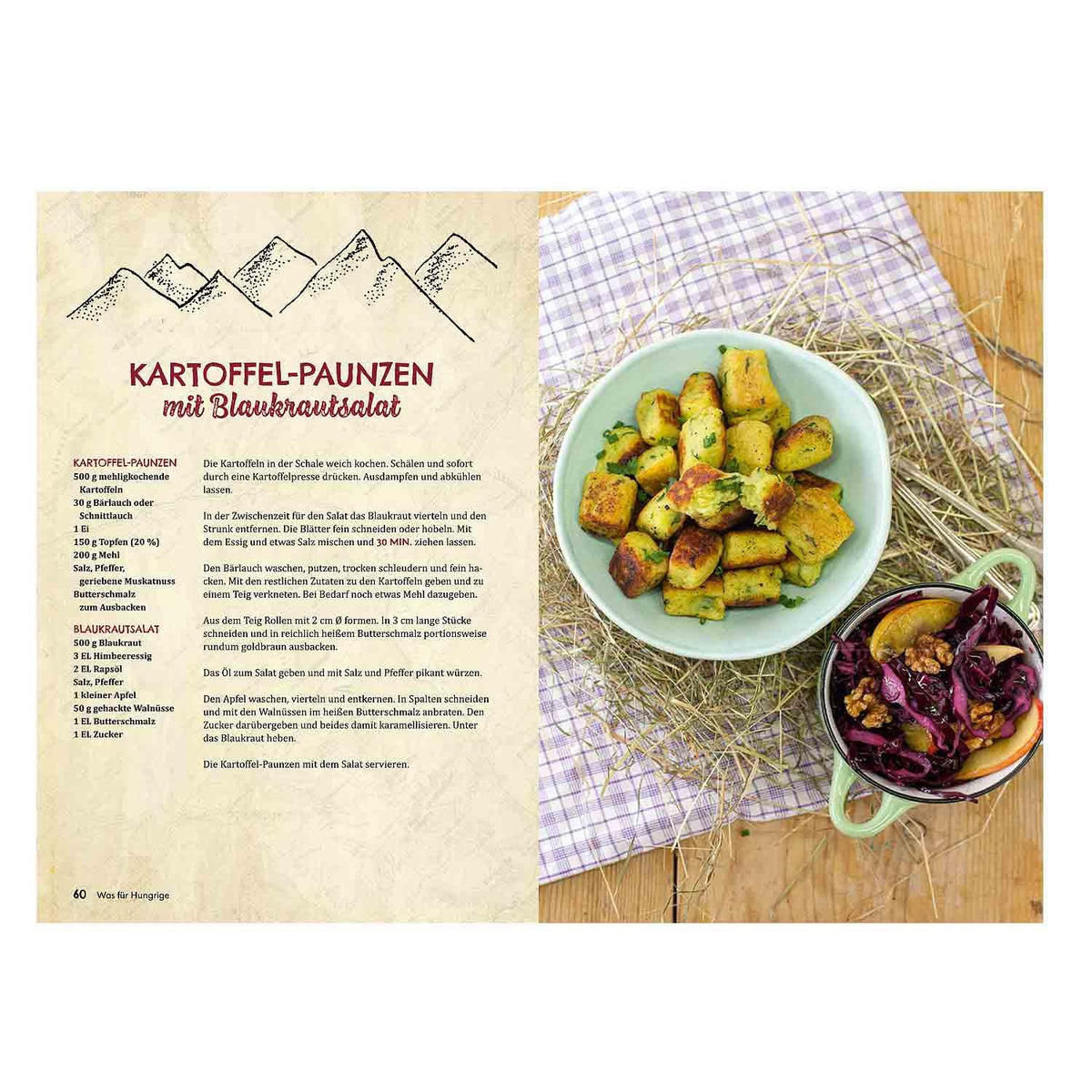 Rezeptbild Hüttenküche für Dahoam mit goldbraunen Kartoffel-Paunzen und Blaukrautsalat mit Apfel und Walnüssen.