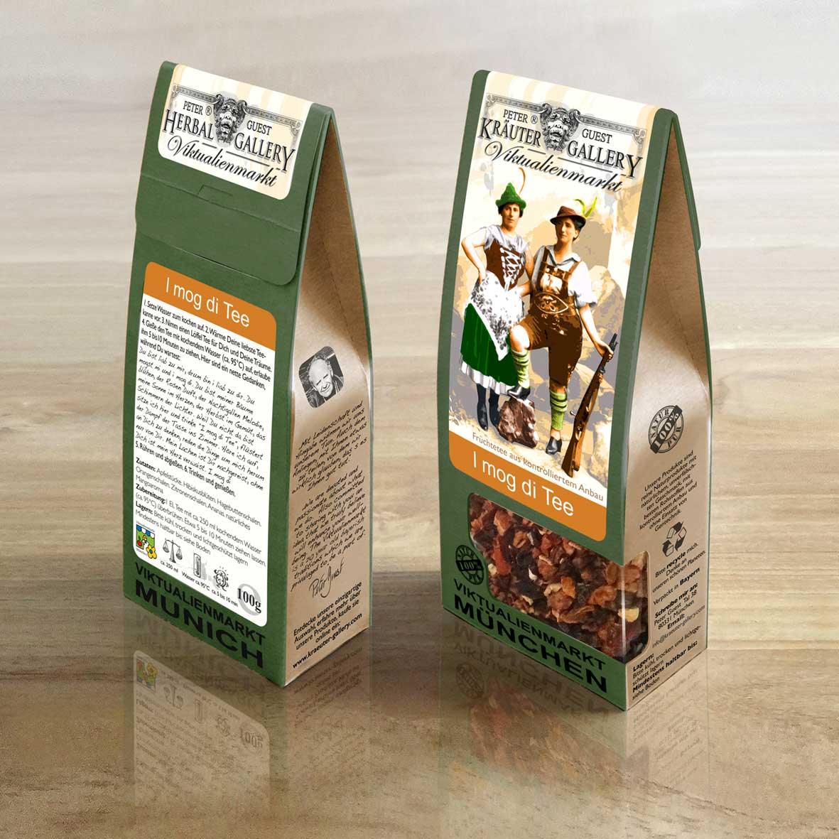 Zwei Fruchttee-Packungen "I mog di Tee" aus kontrolliertem Anbau mit bayerischen Motiven.