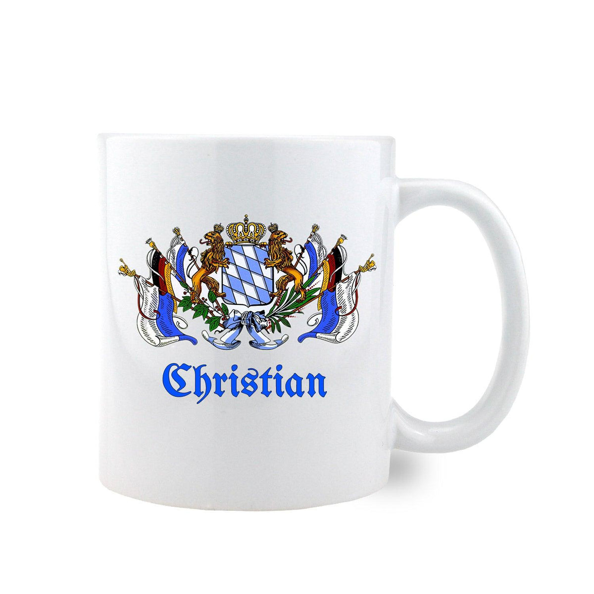 Weißes Kaffee Haferl Bayern mit blauem Wappen und personifiziertem Namen Christian.