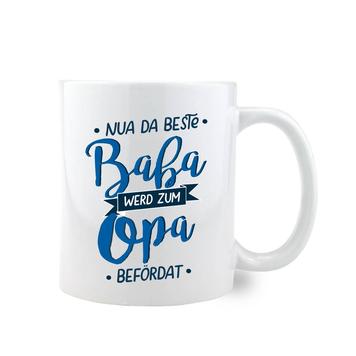 Weißes Kaffee-Haferl "Bester Baba werd Opa" mit blauem Schriftzug, ideal als Geschenk für werdende Großväter.