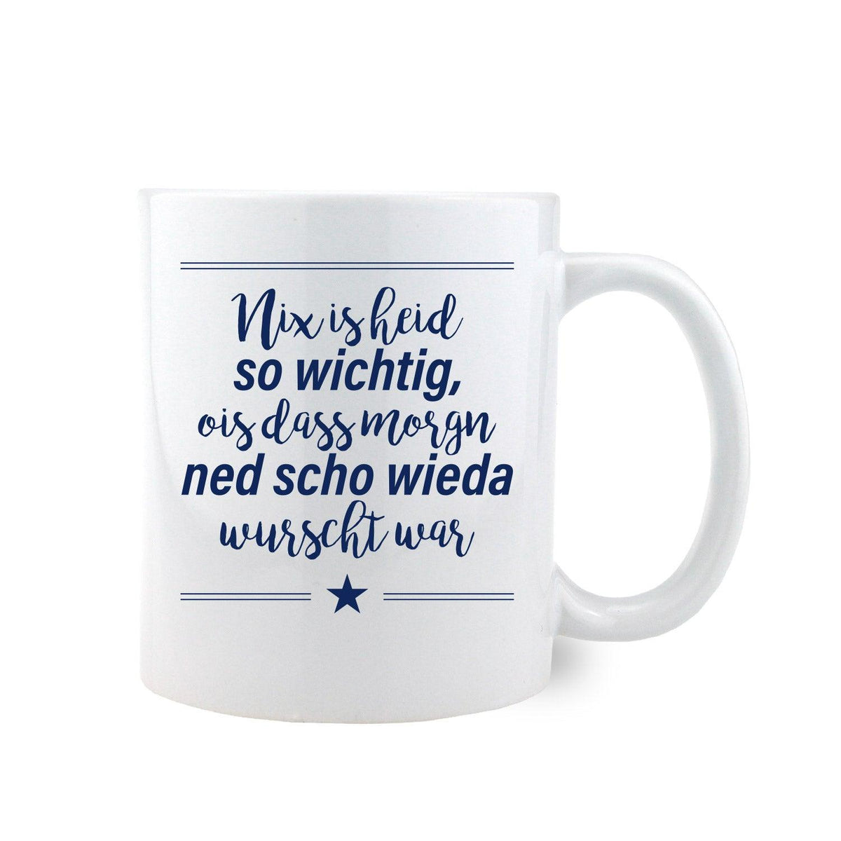 Kaffee-Haferl Nix is heid so wichtig... mit weißer Keramik und blauem Schriftzug, bayerischer Spruch.