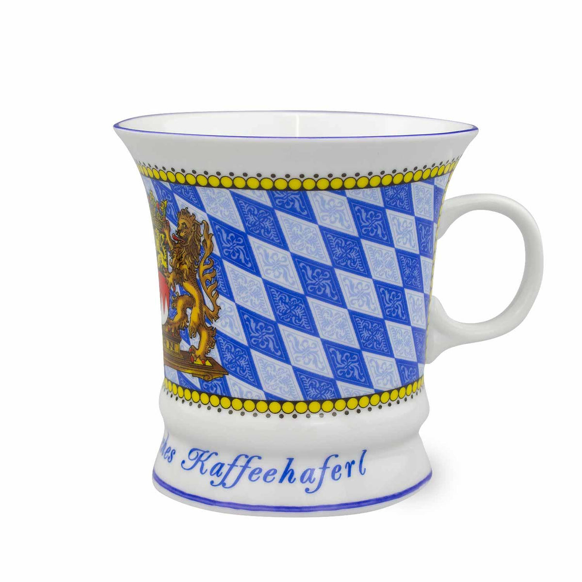 Königlich bayerisches Kaffeehaferl aus Porzellan, Seitenansicht mit Henkel und weiß-blauem Rautenmuster