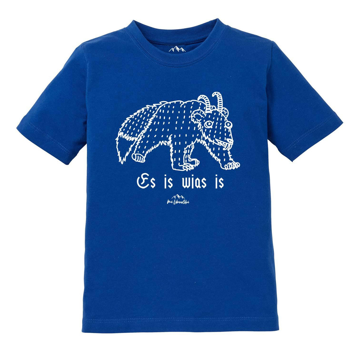 Blaues Kinder T-Shirt Wolpertinger "Es is wias is" mit weißem Fabelwesen-Druck und Spruch.