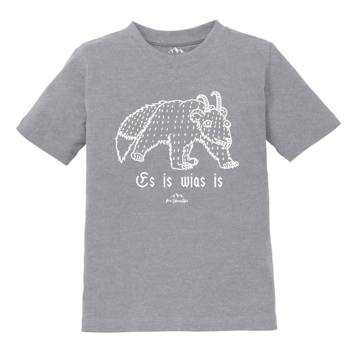 Graues Kinder T-Shirt Wolpertinger "Es is wias is" mit weißem bayerischen Fabelwesen-Print.