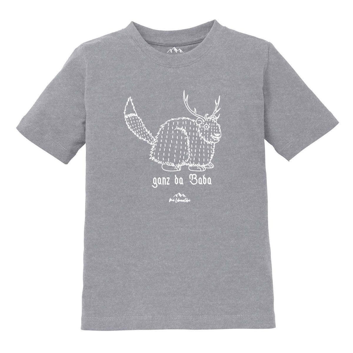 Kinder T-Shirt Wolpertinger Ganz da Baba in Grau mit weißem Wolpertinger-Print und Aufschrift.