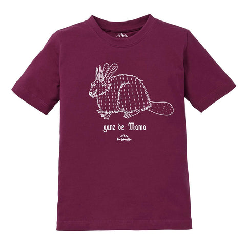 Dunkelrotes Kinder T-Shirt Wolpertinger "Ganz de Mama" mit weißem Wolpertinger-Print und Text auf der Brust in Gr. 104