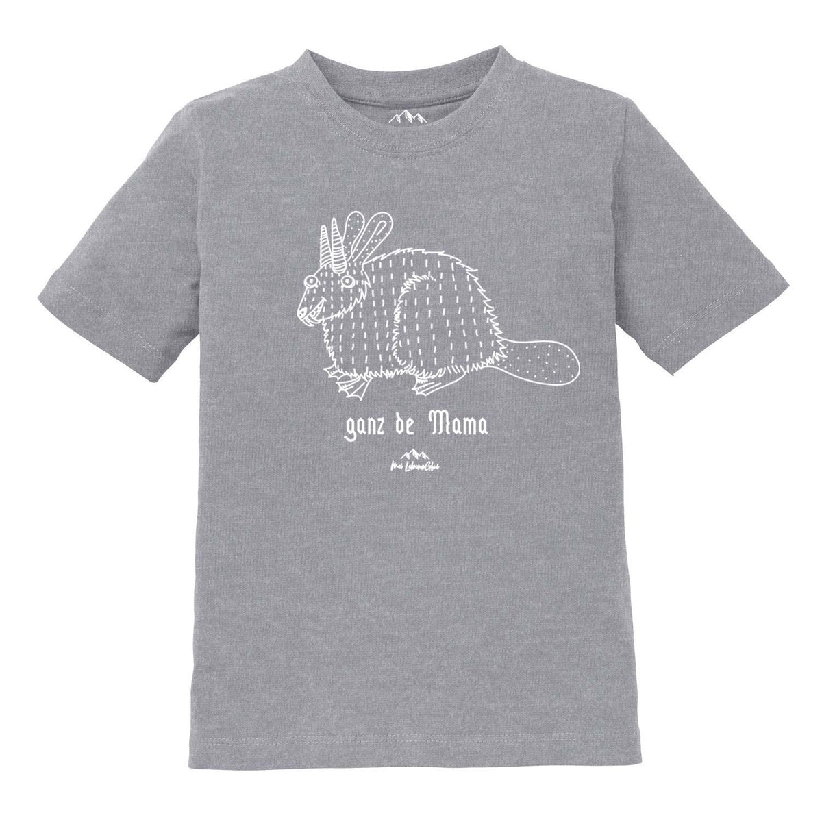 Graues Kinder T-Shirt Wolpertinger "Ganz de Mama" mit weißem Comic-Motiv und Schriftzug.