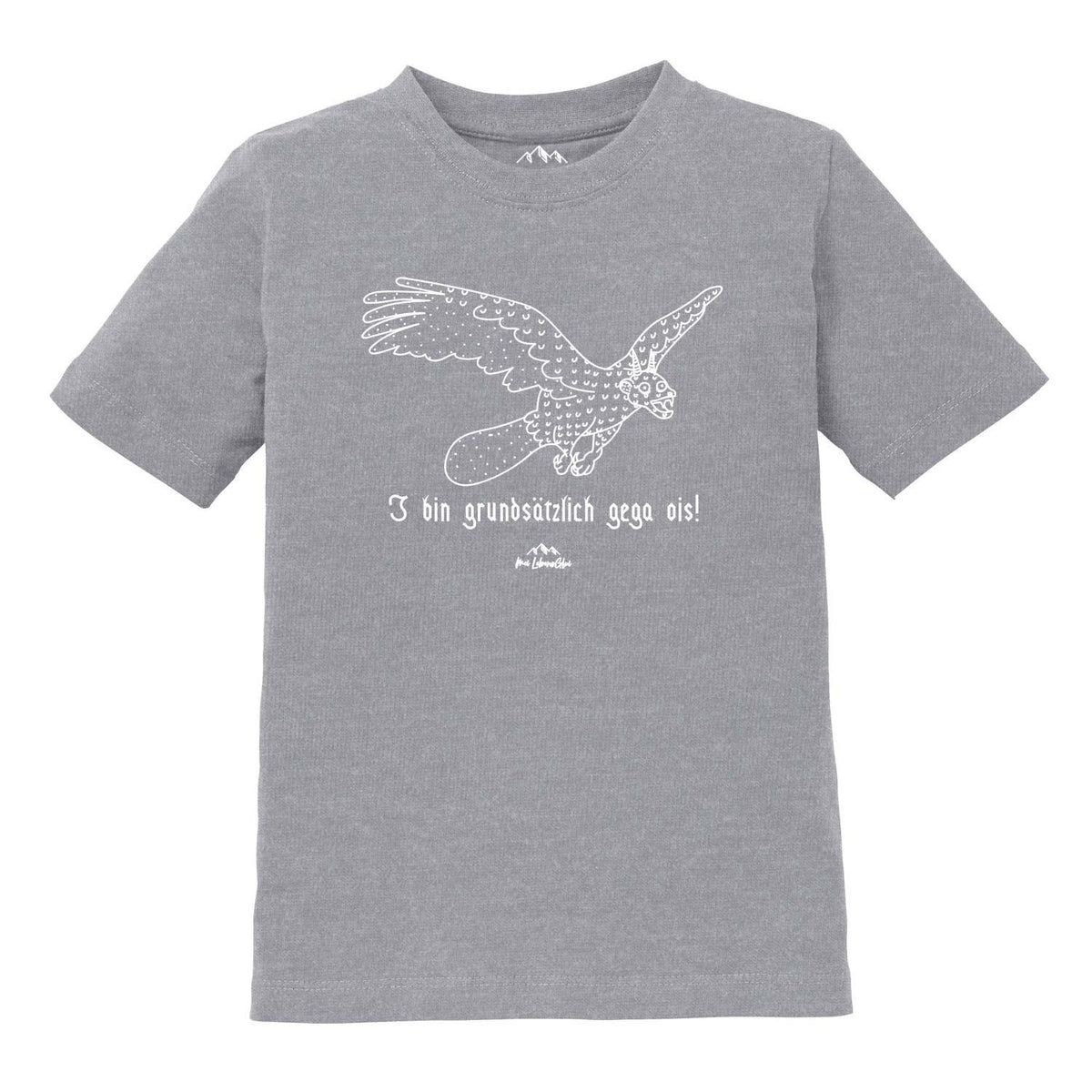 Graues Kinder T-Shirt Wolpertinger "Gega ois" mit weißem fantasievollen Mischwesen Aufdruck und Schriftzug.