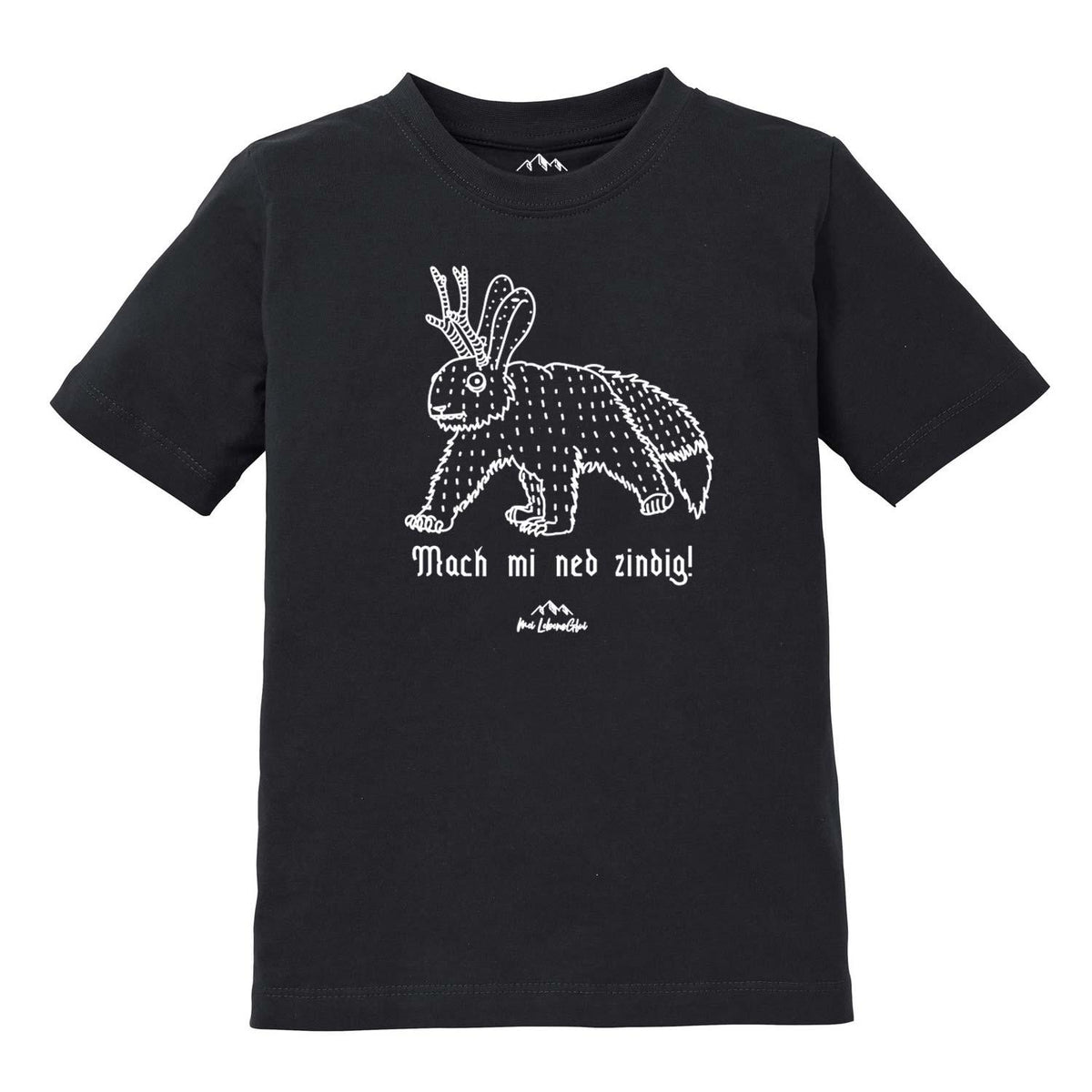 Schwarzes Kinder T-Shirt Wolpertinger "Mach mi ned zindig" mit weißem Fabelwesen-Druck, kurzer Ärmel