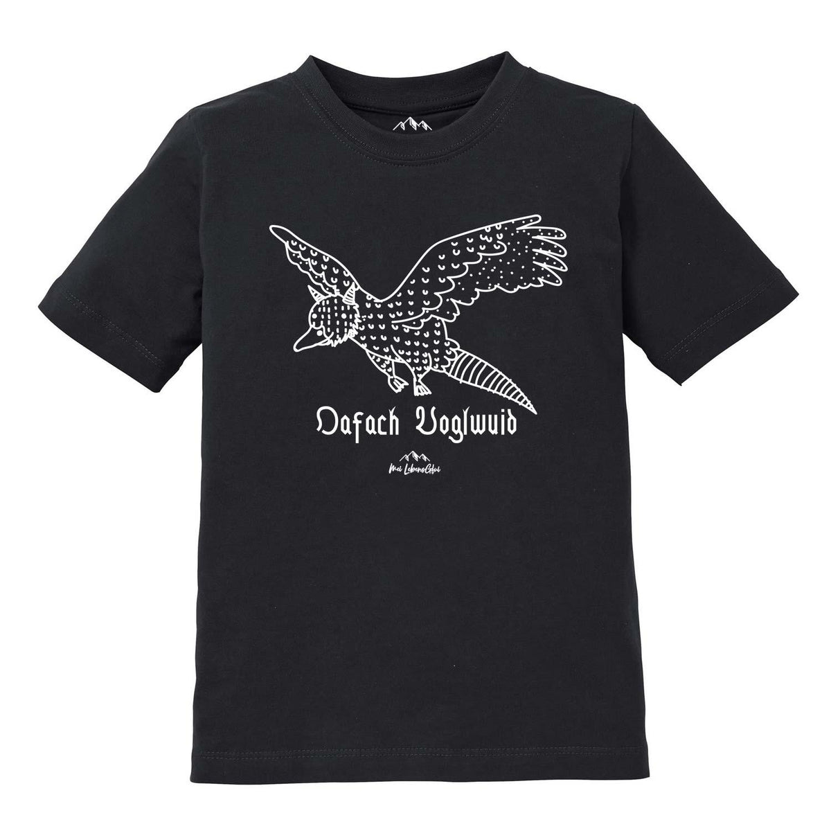 Schwarzes Kinder T-Shirt Wolpertinger Oafach Voglwuid mit weißem Wolpertinger-Print und alpinem Design.