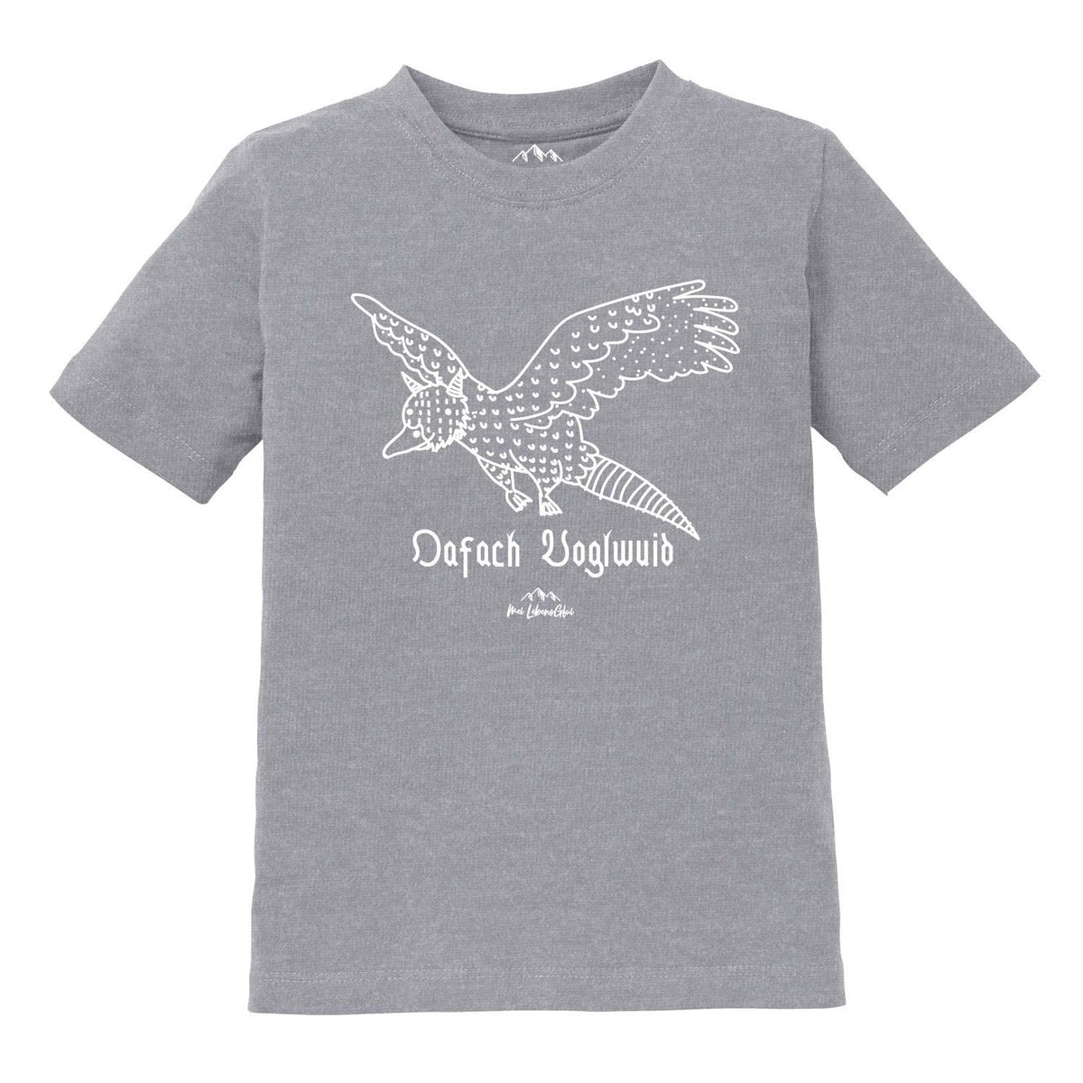 Kinder T-Shirt Wolpertinger Oafach Voglwuid in Grau mit weißem Fabelwesen-Druck.