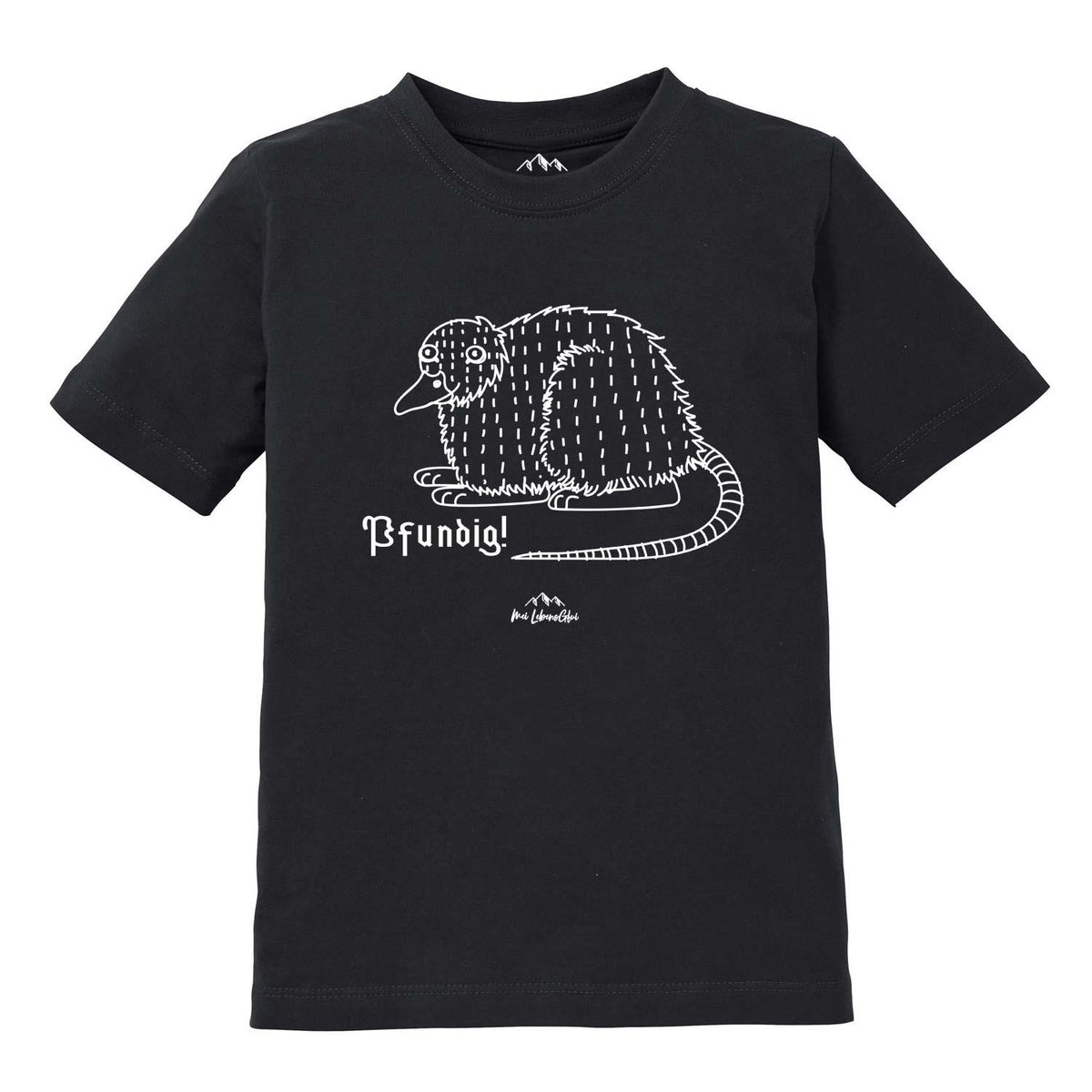 Schwarzes Kinder T-Shirt Wolpertinger "Pfundig" mit weißer Zeichnung eines bayerischen Fabelwesens und Schriftzug.