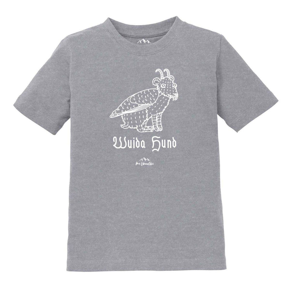 Graues Kinder T-Shirt Wolpertinger "Wuida Hund" mit weißem Fabelwesen Aufdruck und Schriftzug.