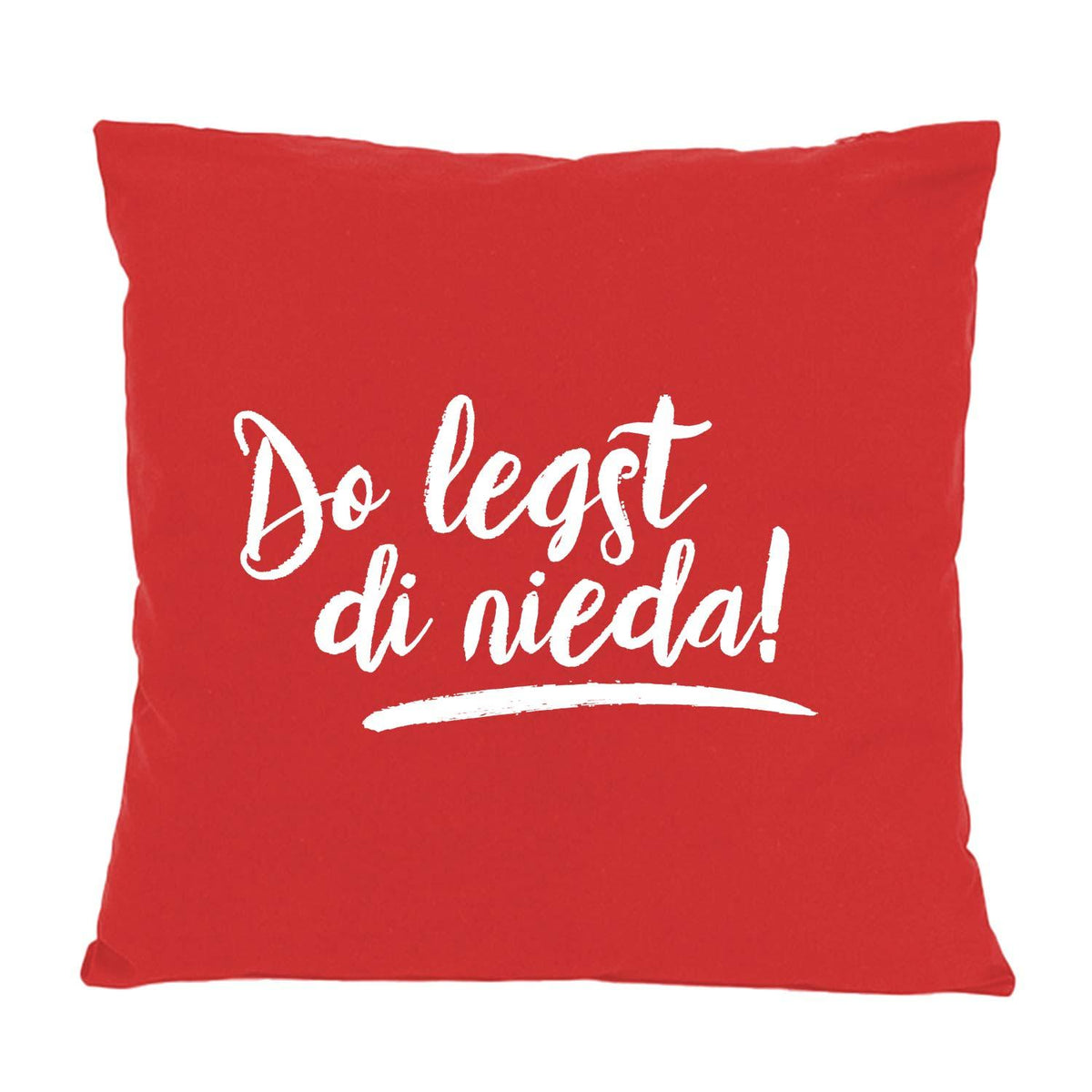 Rotes Kissen "Do legst di nieda!" mit weißer, handgeschriebener Botschaft, gemütliches Wohnaccessoire für Sofa.