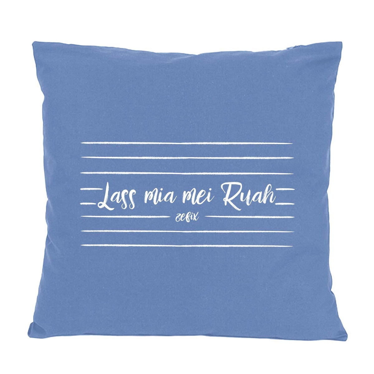 Blaues Kissen Lass mia mei Ruah mit weißem bayerischen Spruch und Linien-Design