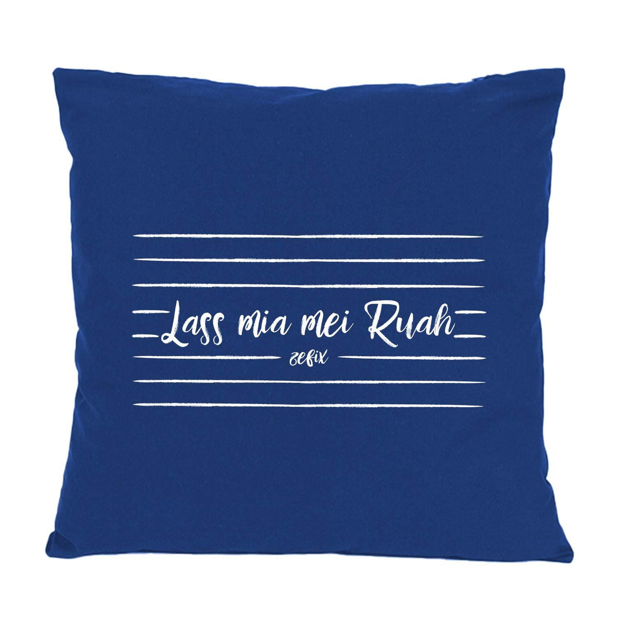 Kissen Lass mia mei Ruah in Marineblau mit weißem Schriftzug und Zefix-Logo, quadratisch, bayerisch.