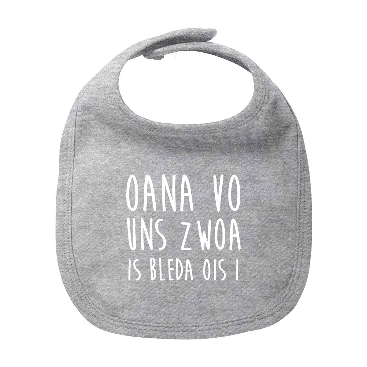 Graues Lätzchen "Bleda ois i!" mit weißem bayerischem Spruch für Babys, praktischer Klettverschluss
