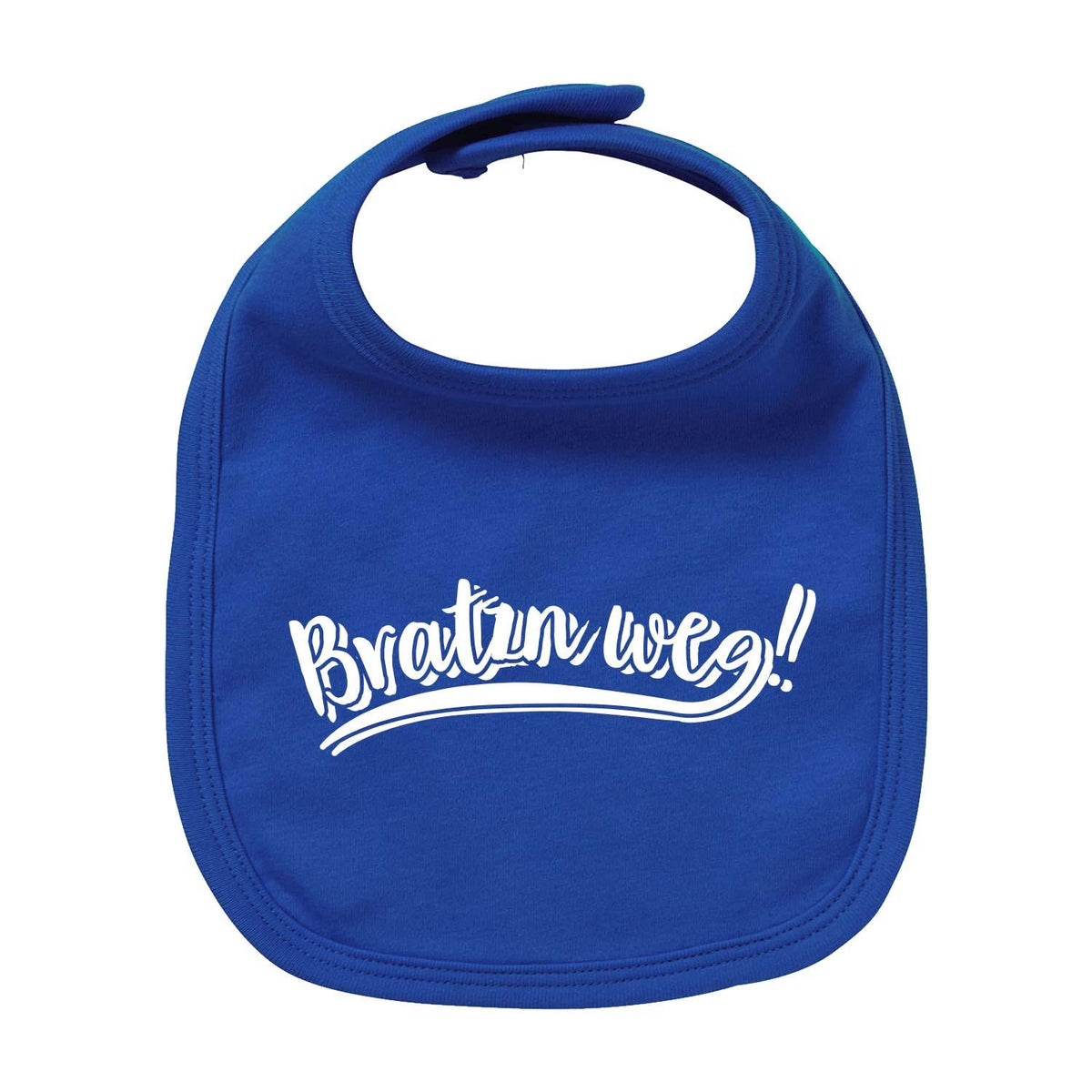 Blaues Baby Lätzchen Bratzn weg! aus Baumwolle mit weißem Schriftzug für Kleinkinder und Babys.