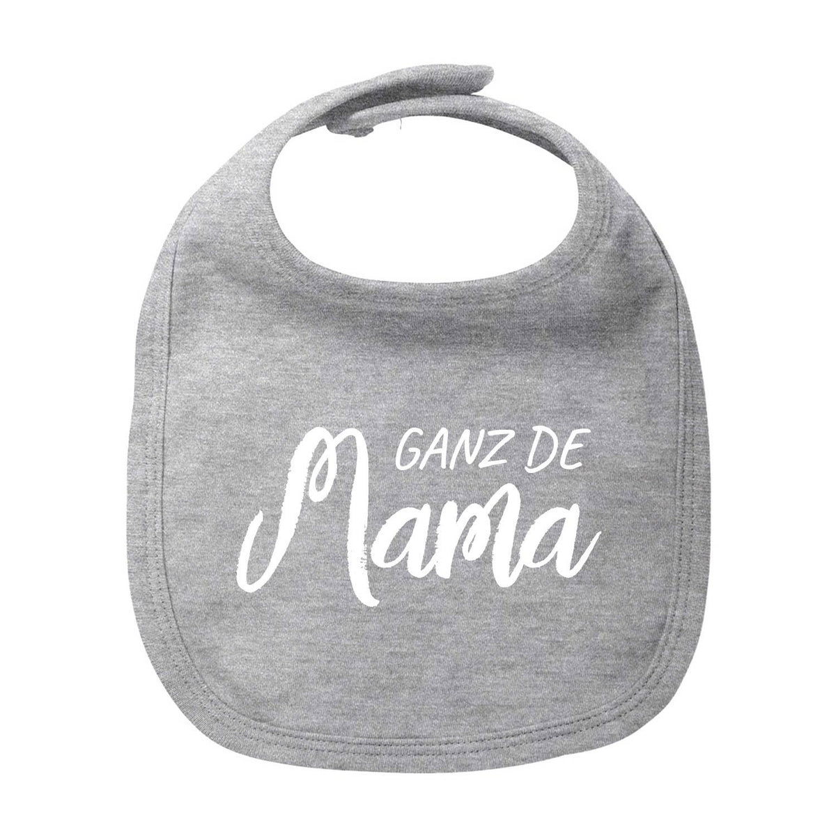Graues Baby-Lätzchen Ganz de Mama aus Baumwolle mit Klettverschluss und weißem Schriftzug für Babys.