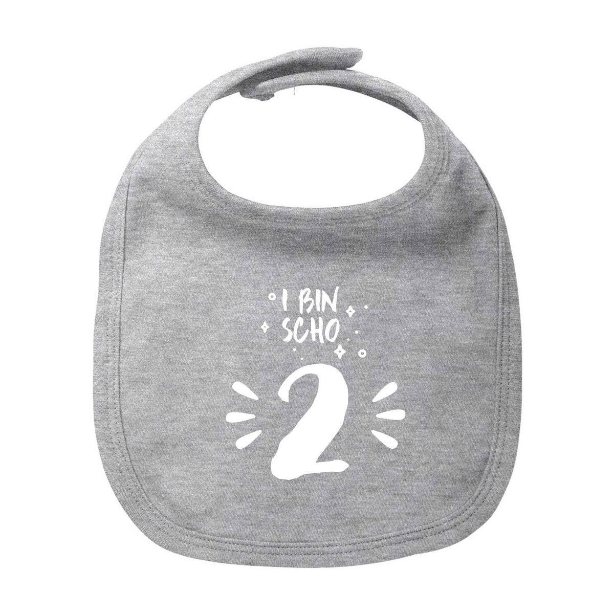 Graues Lätzchen "I bin scho 2!" mit weißem Print für Kleinkinder, Geburtstagsgeschenk für Zweijährige.
